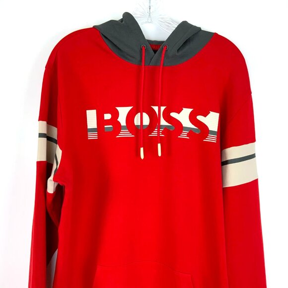 New Hugo Boss Red Hoodie With Gray Hood "BOSS" Logo Sz XL - Picture 2 of 16